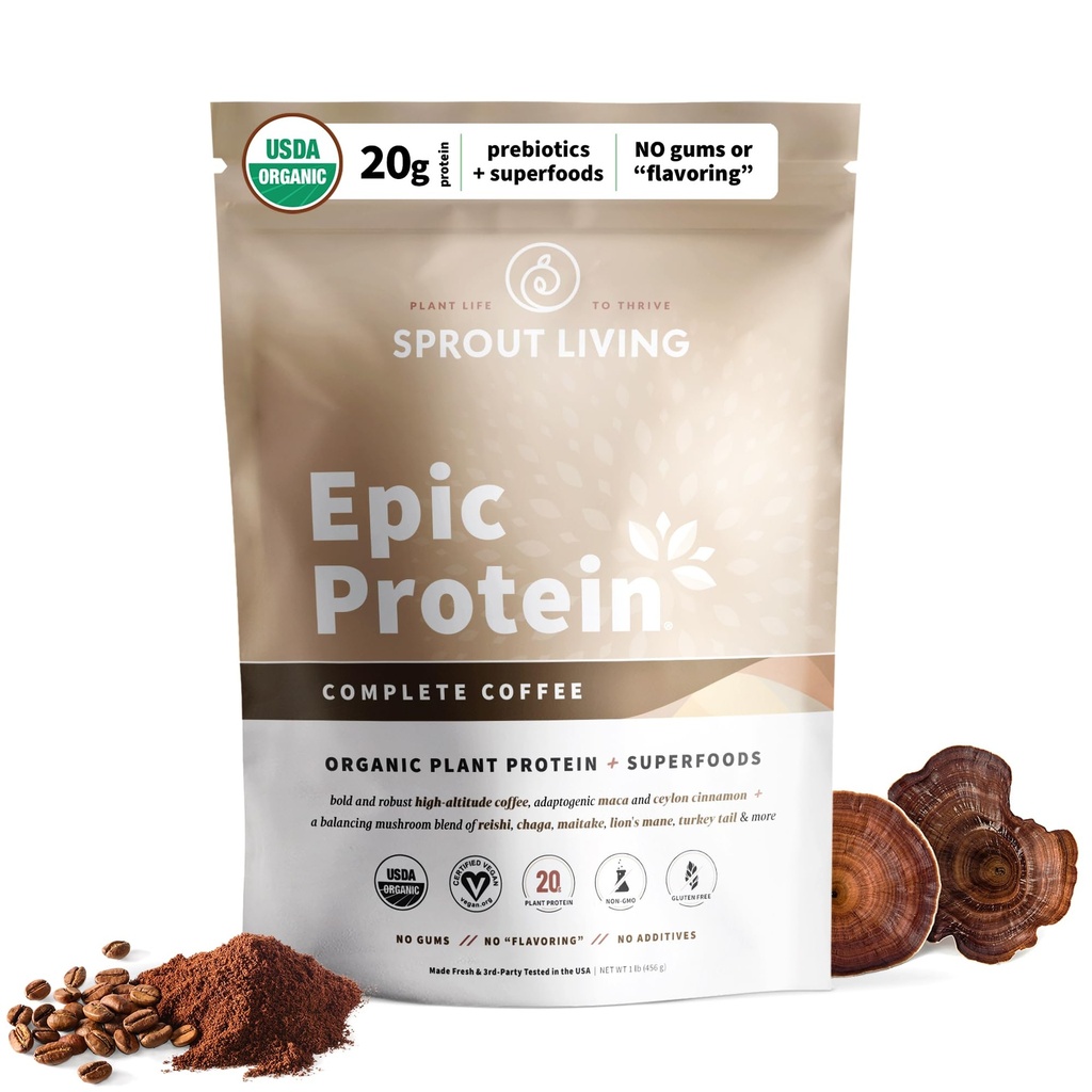 Sprout Living, Epic Protein, Polvere di proteine vegetali e superfoods, Polvere di proteine organiche da 20 grammi, adaptogeni, funghi, vegan, non OGM, senza glutine (1 Pound, 12 Servings)
