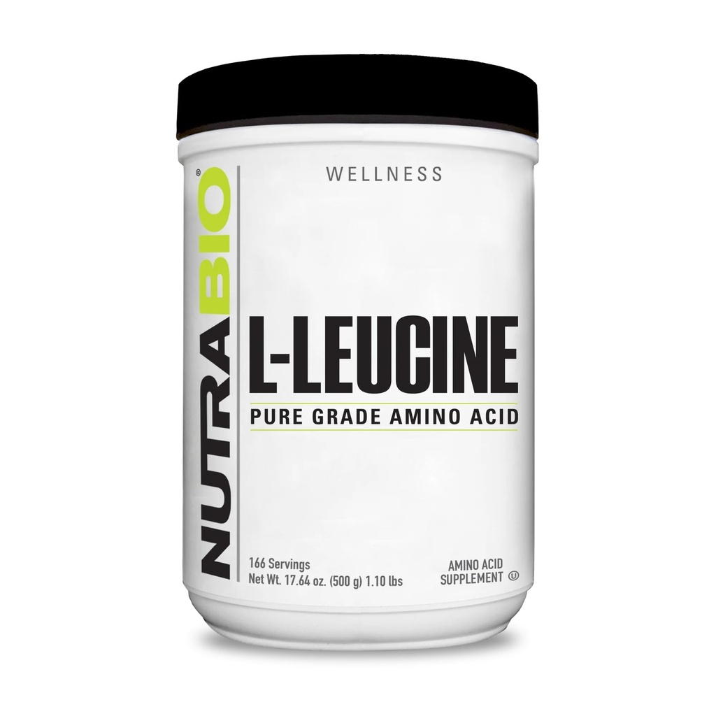 NutraBio 100% Pure L-Leucina - Recupero e Supporto Muscolare - Aminoacido Free Form naturalmente Fermentato - Vegan, Non OGM, Gluten Free - (500 Grammi)