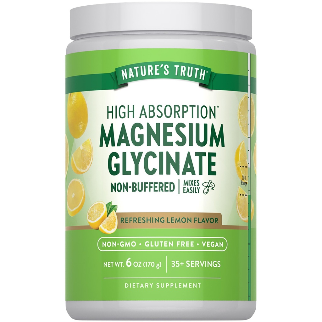 Polvere di glicinato del magnesio della verità della natura | 6 oz | Aroma di limone | Alto assorbimento | Vegan, Non OGM, Integratore senza glutine
