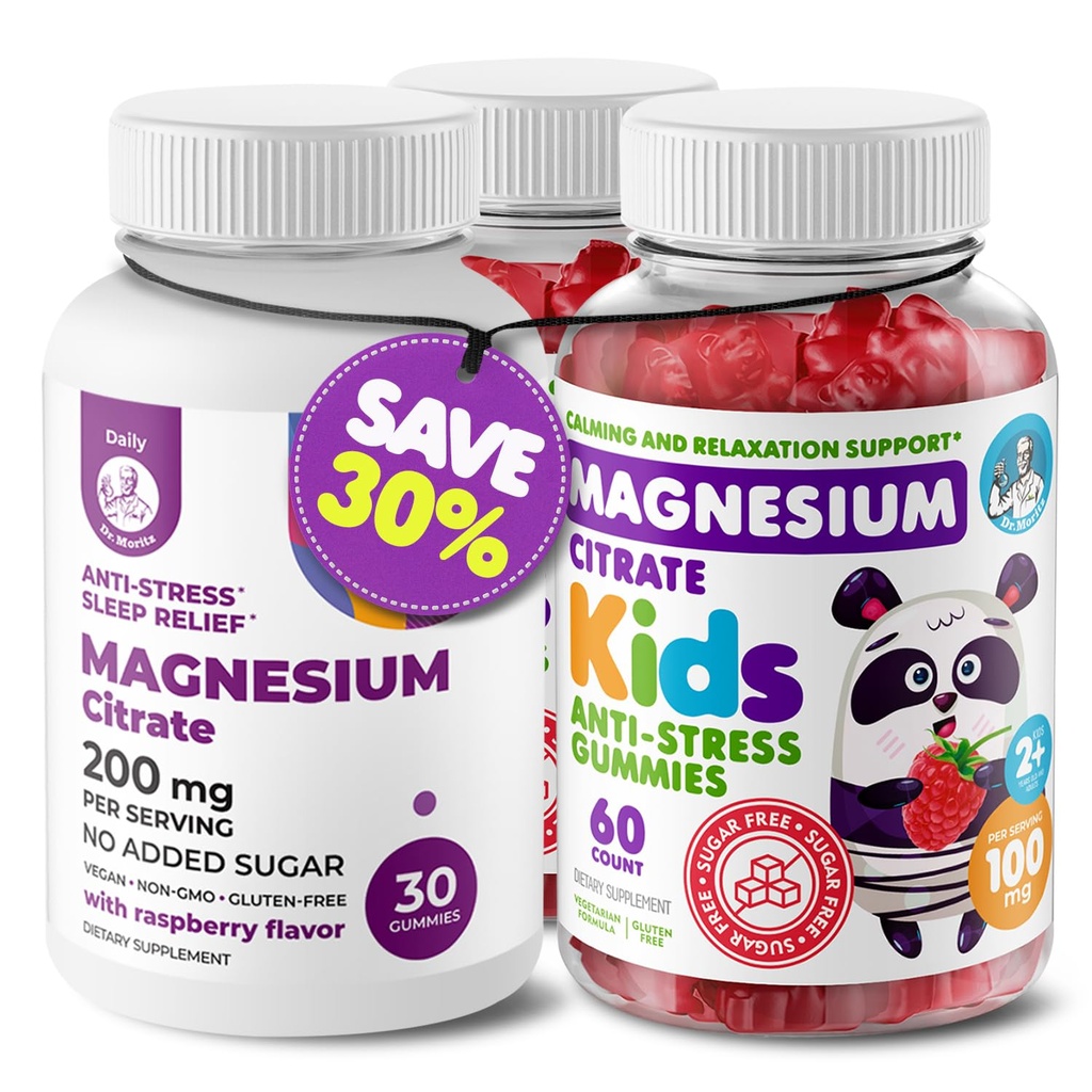 DR. MORITZ Magnesio Bundle - Gummie per adulti (200 mg, 30 conte) e bambini Magnesio Gummies (60 Conte, 2 Pack) - Senza zucchero
