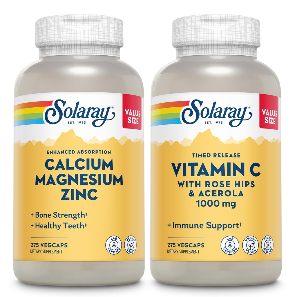 SOLARAY Calcio Magnesio Zinco e rilascio tempestivo Vitamina C - Bone Salute, Supporto Immune Bundle, 1000mg Calcio, 500mg Magnesio, 1000mg Vitamina C Supplemento, Vegan, Garanzia di 60 giorni, 275 VegCaps Ogni