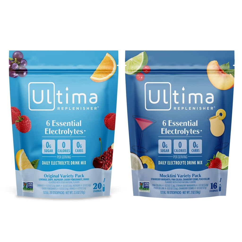 Ultima Replenisher Daily Electrolyte Powder Drink Mix – Sugar Free – Mocktini Varietà e Varietà Originale, 36 Stickpacks – Idratazione Packets con 6 Elettroliti e Minerali – Keto, Non OGM