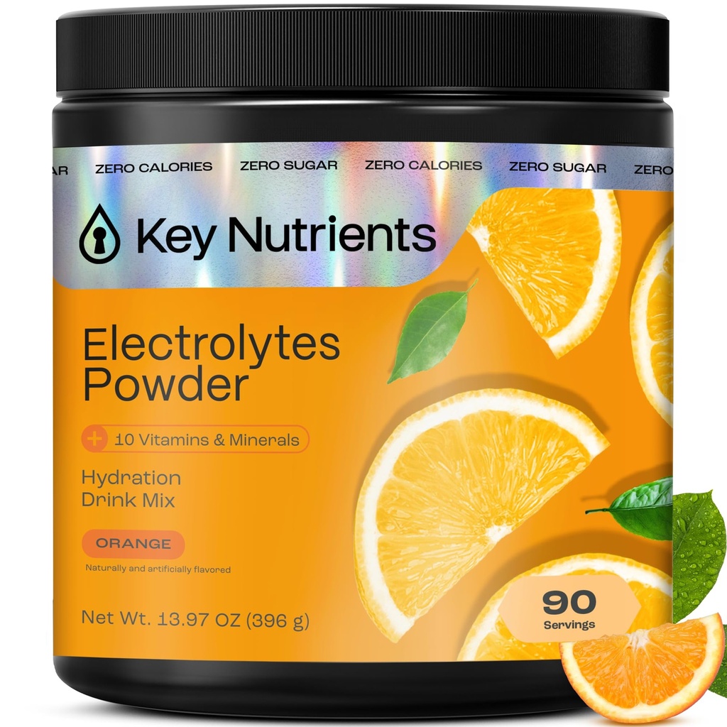 Polvere di elettroliti multivitaminici di KEY NUTRIENTs senza zucchero - Polvere di elettrolito arancio tangibile - Supplemento di energia e di resistenza - Polvere di idratazione - No Calorie - 90 Serve - Made in USA