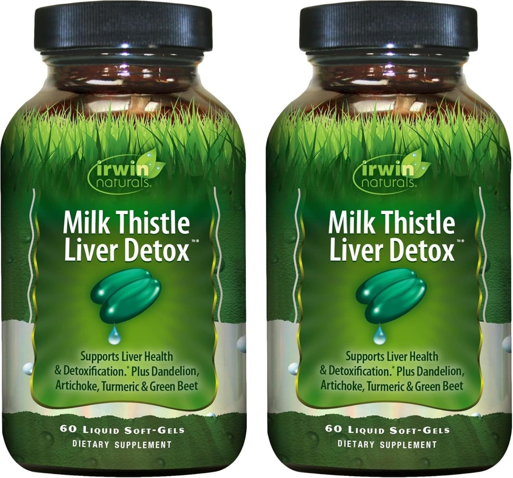 Irwin Naturals Milk Thistle Liver Detox - 60 Liquid Soft-Gels, Confezione da 2 - Supporta la salute del fegato con la leone, il carciofo, la radice della barbabietola verde e della curcuma - 60 Total Servings