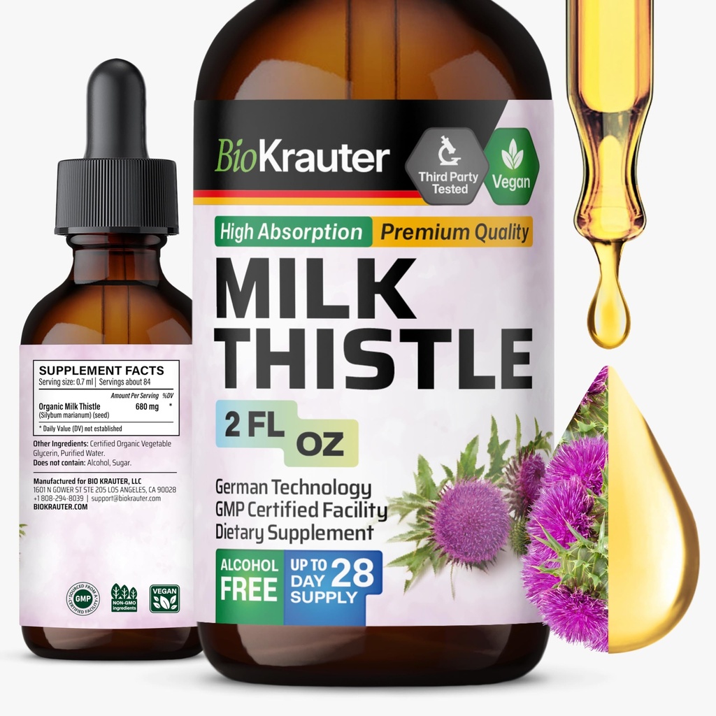 BIO KRAUTER Milk Thistle Liquid Drops - Milk Thistle Silymarin Liver Support Supplemento - Alcol & Sugar Free Tincture for Liver Cleanse Detox - 2 Fl. Oz.