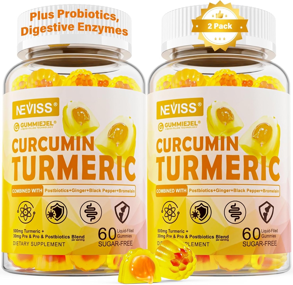 Zucchero curcuma erboristica gratuita Gummies riempito 550mg per adulti, Ginger & Black Pepper | 95% Curcuminoidi w/Prebiotic Probiotic & miscela postbiotica, Supporto, Immune & Salute digestiva, Vegan, 2Pack