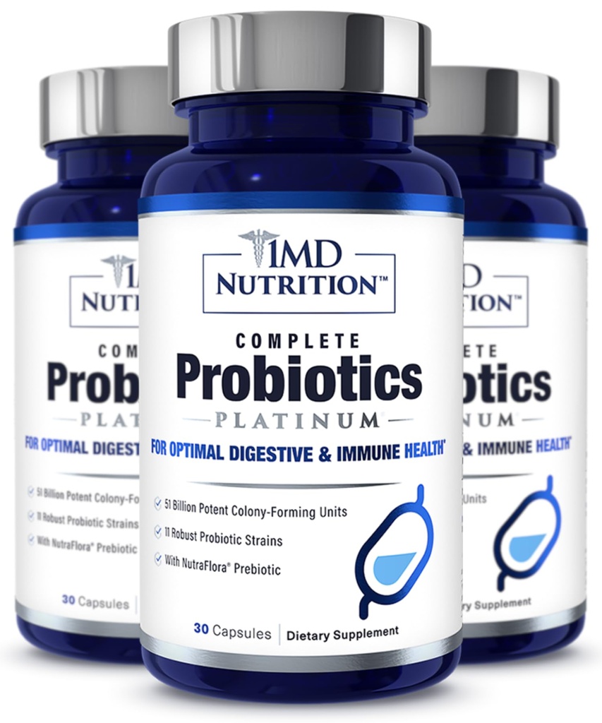 1MD Probiotici completi Platinum | Supporta la salute digestiva | con i prebiotici nutrienti, 51 miliardi di CFU dal vivo, 11 Strains, Dairy-Free | 30 Capsule vegetali (3-Pack)