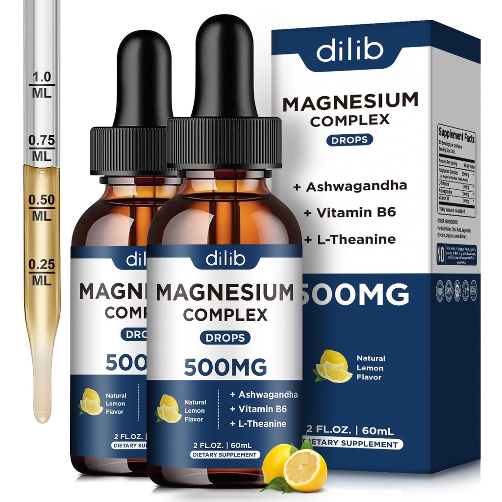 (2 Confezione) Magnesio Glycinate, Citrato, Malate Liquid Drops-Triple Magnesium Complex Supplemento 500mg con Ashwagandha, L-teanina, Vitamina B6-Support Calm, Stress Relief, Sonno, Muscolo-Lemon Flavor