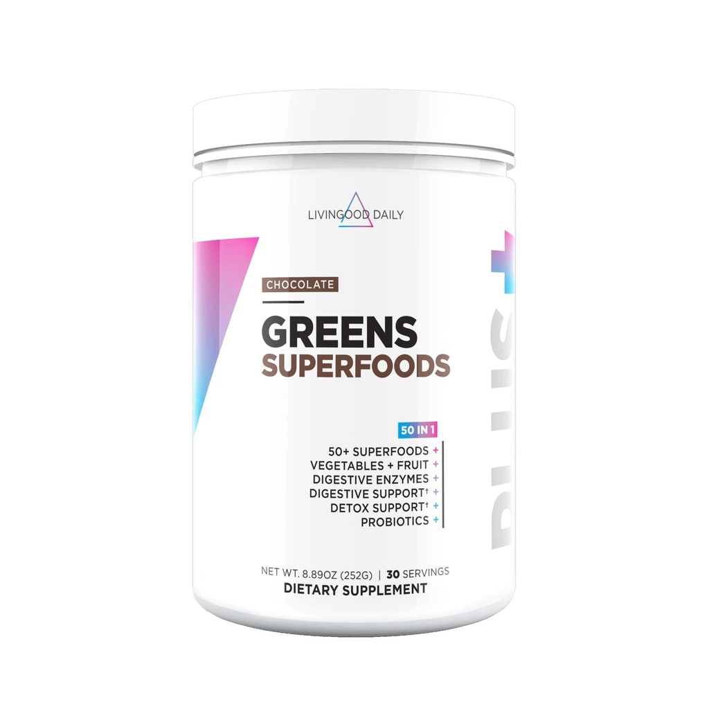 Livingood Daily Greens & Superfood Powder, Super Greens for Gut Health, Polvere di succo verde con Spirulina, clorella e enzimi digestivi, Probiotici per il supporto digestivo, Cioccolato, 30 Serve