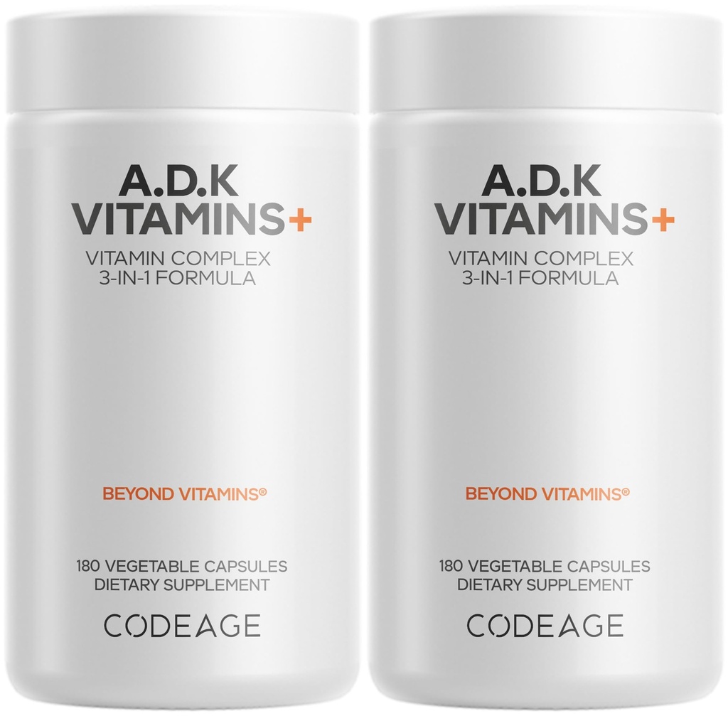 Supplemento di vitamine ADK Codeage - Vitamina essenziale A, D3 5000 IU, K1 & K2 (MK4 & MK7) - Alimentazione di 6 mesi - 1 capsula per porzione, Non OGM, Senza glutine - 2-Pack