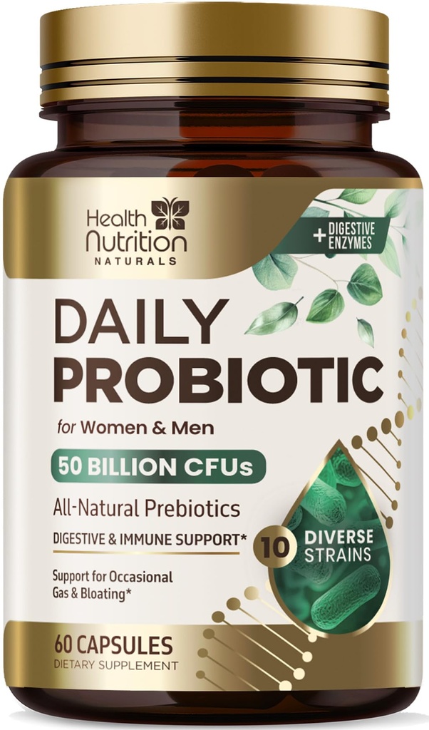 Probiotici 60 miliardi di CFU + 10 Strains - Daily Probiotic Lactobacillus Blend per Immune, Digestivo & Gut Health Support, Prebiotici e Probiotici, Gas & Bloating per Donne & Uomini - 60 capsule