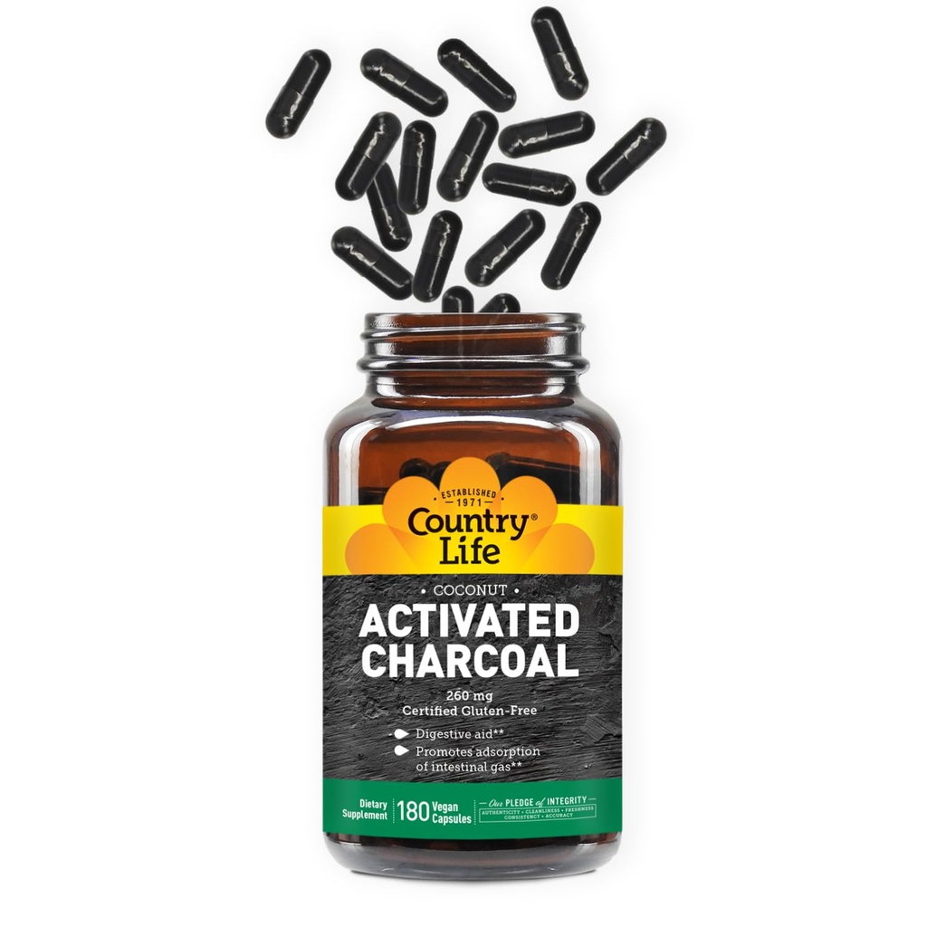 Country Life attivato Organic Coconut Charcoal Capsule, 260mg – Supplemento naturale di carbone per il gas e Bloating Relief, Gluten-Free, 180 Vegan Capsule