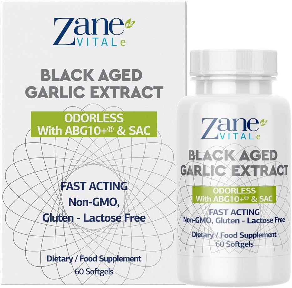 Zane - Capsule Aglio Nero Invecchiato - Sistema Immune, Pressione Sangue e Supporto per la Salute Del Colesterolo - Meno Odore - Più Efficace Di Allicin - 60 Capsule Non OGM, Gluten - Lactose – Paraben Free.