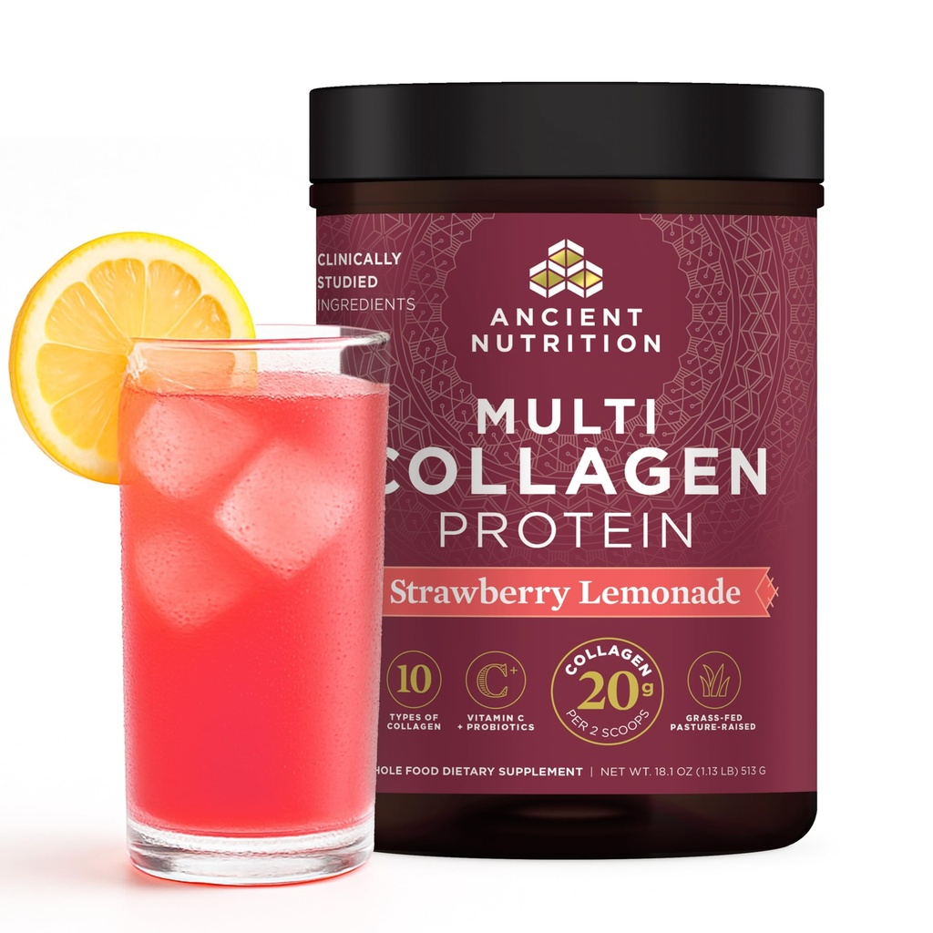Antica Nutrition Peptidi di collagene idrolizzato polvere con Probiotici, Limonata di fragole Proteine Multi Collagene per le donne e gli uomini con vitamina C, 45 Serve, Supporti Pelle e Unghie, Salute Gut, 18