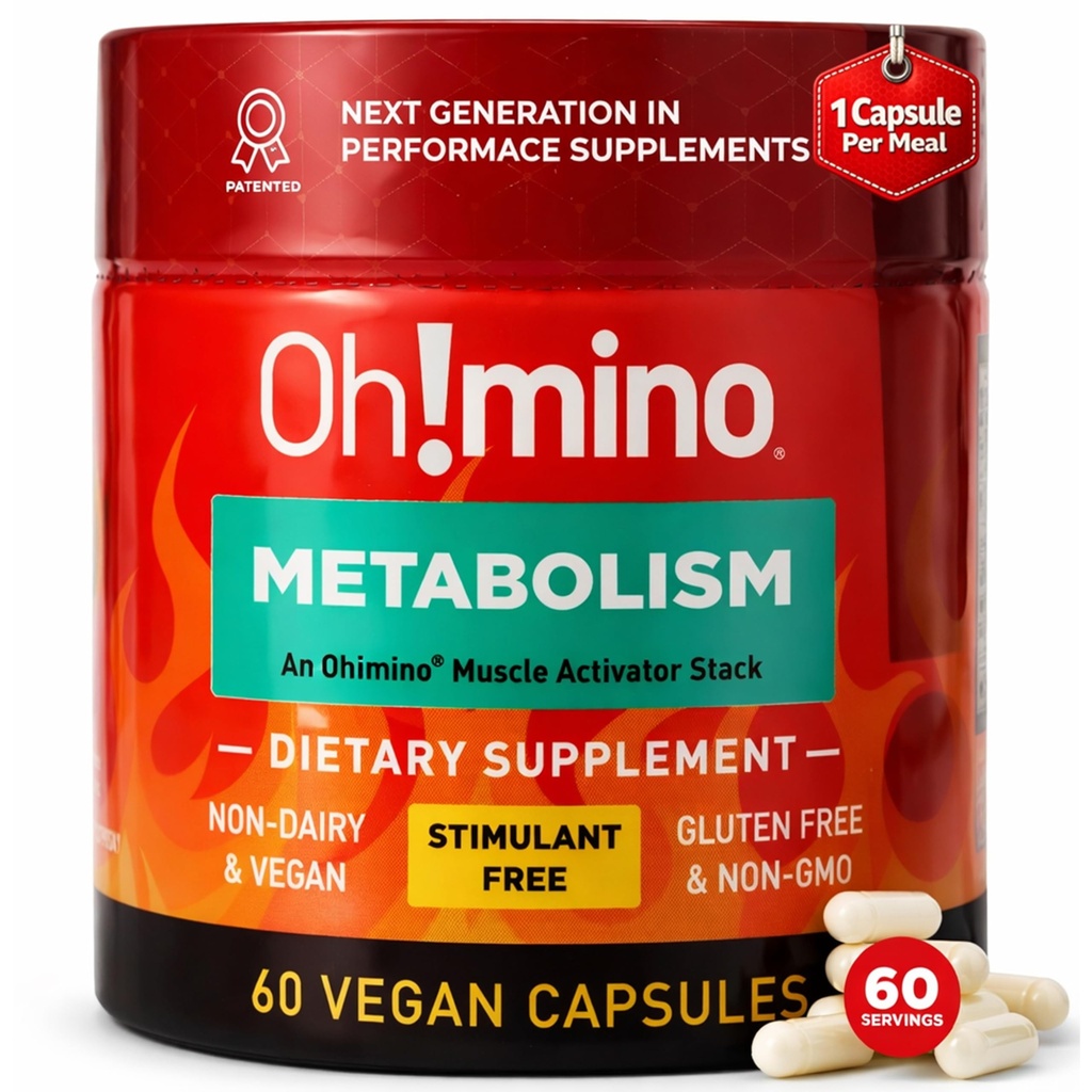Oh!mino Integratore di supporto Metabolismo per la conversione efficiente del grasso all'energia w/L-Carnitina, Phenylcapsaicin, & Vitamina B3 - Non-Jitters, Stimulant-Free, Vegan, capsule non alimentari (60 Serve)
