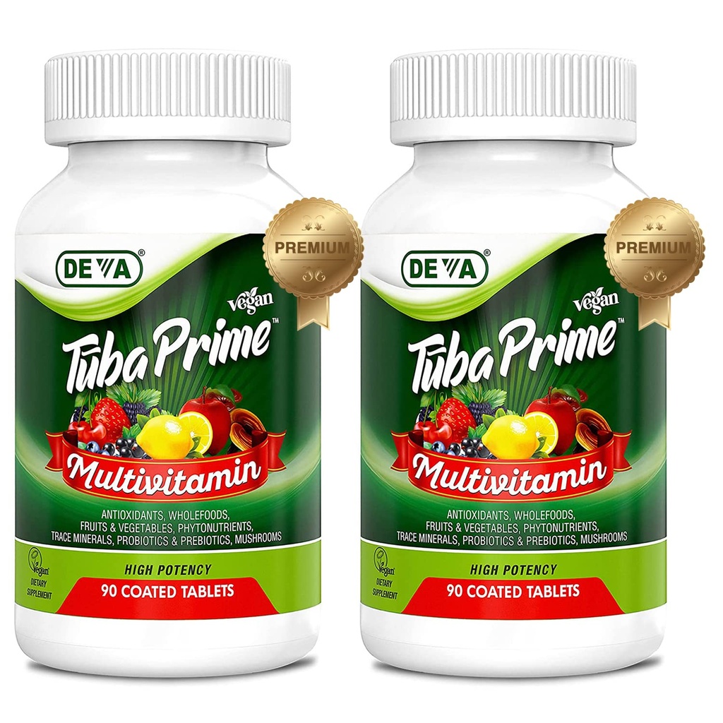 DEVA Tuba Prime Vegan Multivitaminico ad alta potenza vitamina e integratore alimentare minerale Antiossidanti, Frutta e Verdura, Super funghi, Probiotici, Prebiotici, Semi, Erbe - 90 Tabs, 2-Pack
