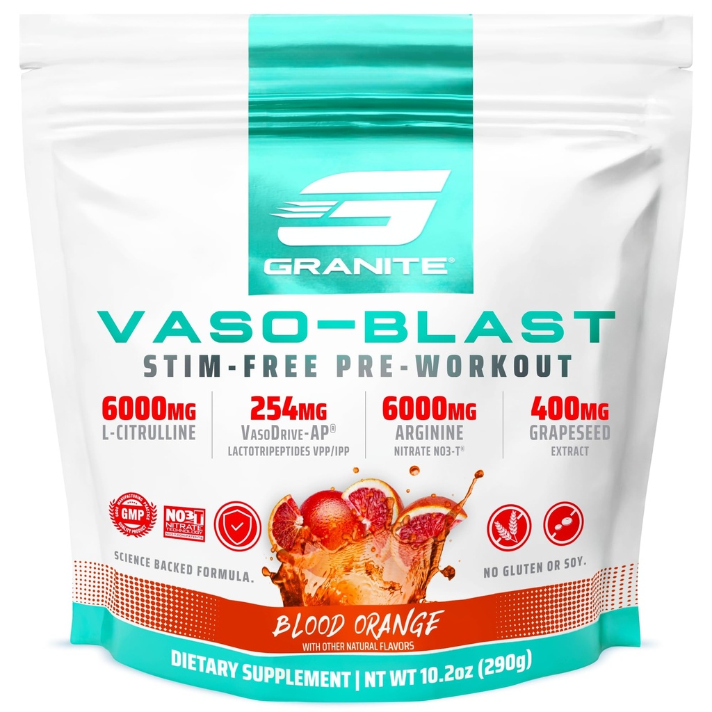 Granito Nutrition Vaso Blast Stim-Free Pre Workout - Non-Stim Nitric Oxide Supporto per Pompa, Fisica e Capacità Muscolare - Sangue Arancione (290g)