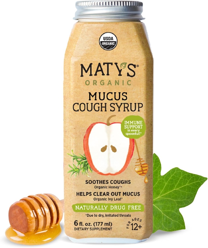 Matys Adult Mucus Cough Syrup per adulti e bambini 12 anni e su, Rilievo rilassante Ivy con ingredienti biologici & zinco, 6 Fl Oz
