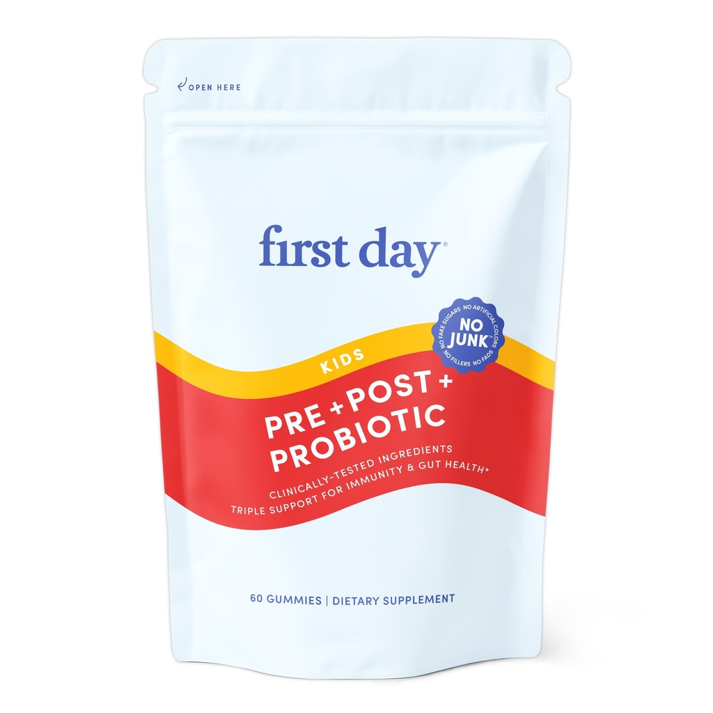 FIRST DAY Kids Probiotic Gummies - 3 in 1 Probiotici per bambini + Prebiotici & Postbiotici - Prebiotici & Probiotici per la salute digestiva & Immune Support – Vegan, Gluten Free, 30-Day Supply