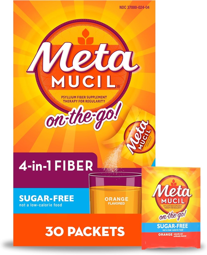 Metamucil On-The-Go, Psyllium Husk Fiber Supplement, 4-in-1 Fibra per la salute digestiva, Sugar Free, Arancione Flavor, 30 Conte x 2 Pacchetti (60 Conteggio totale)