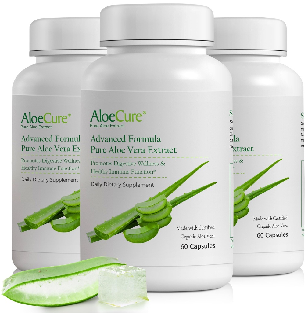 AloeCure Organic Aloe Vera Capsule, 160,000mg Aloe Leaf Equivalent per Serving, Support Gut, Digestivo, & Immune Health, Aiuta a mantenere l'acidità di Stomach bilanciata, Aloin Free, 60Caps x 3Btl