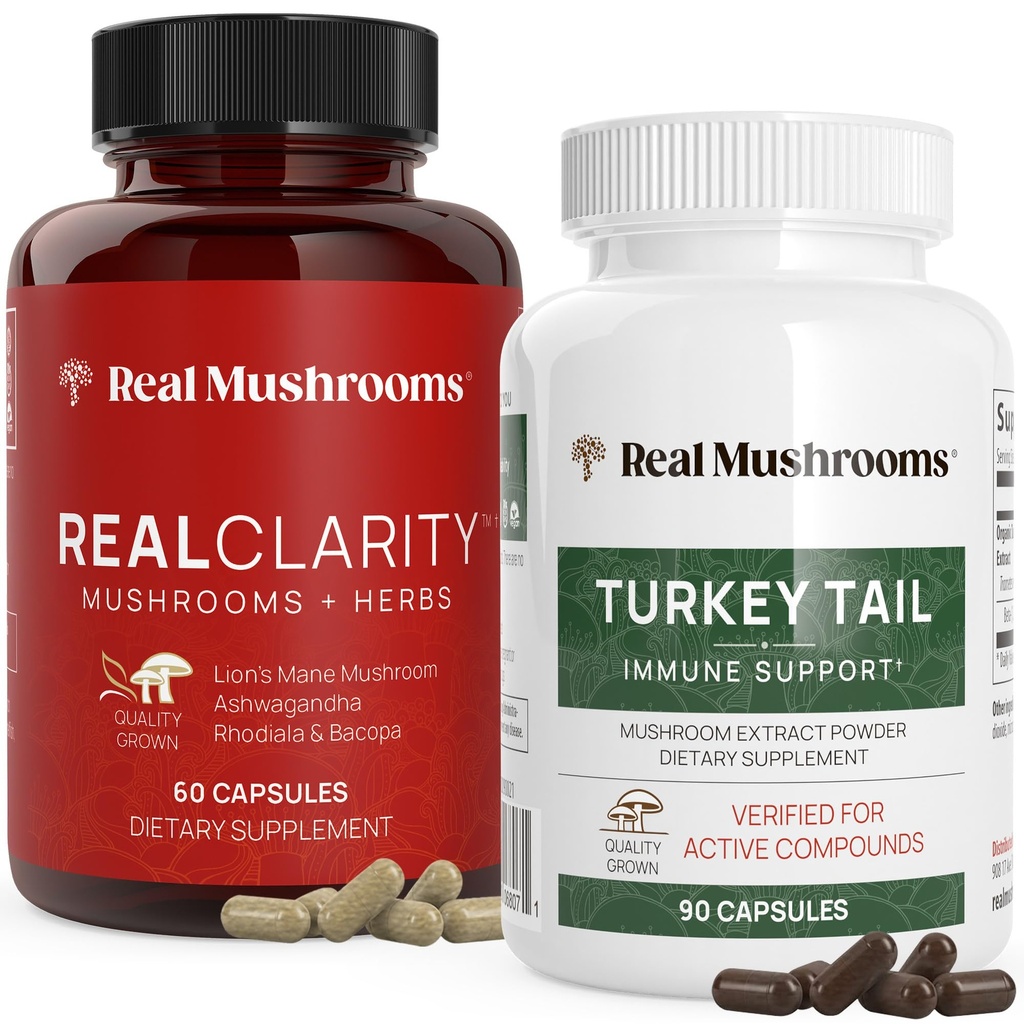Real Mushrooms RealClarity (60ct) e Turchia Tail (90ct) Capsule Bundle - Mushroom Supplemento per Clarity Mentale, Focus & Immune Support - Vegan, Non OGM, Verified Levels of Beta-Glucans