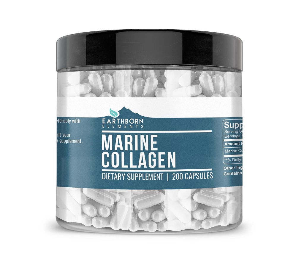 Peptidi di collagene di elementi terrestri (200 capsule) Collage di pesce idrolizzato, Non OGM, Senza profumo, Biodisponibile (960 mg)