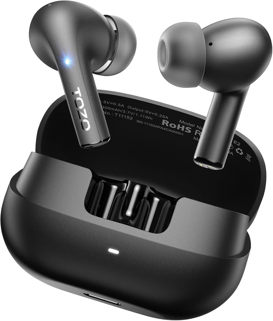 TOZO E2 Wireless Earbuds 10mm Drivers with Powerful Bass, App Personalizza 32 EQs, con 2 Mics AI Call Noise Cancellation, 30H Playtime, Bluetooth 5.3 Ear Buds, Comfort Fit in-Ear Headphones