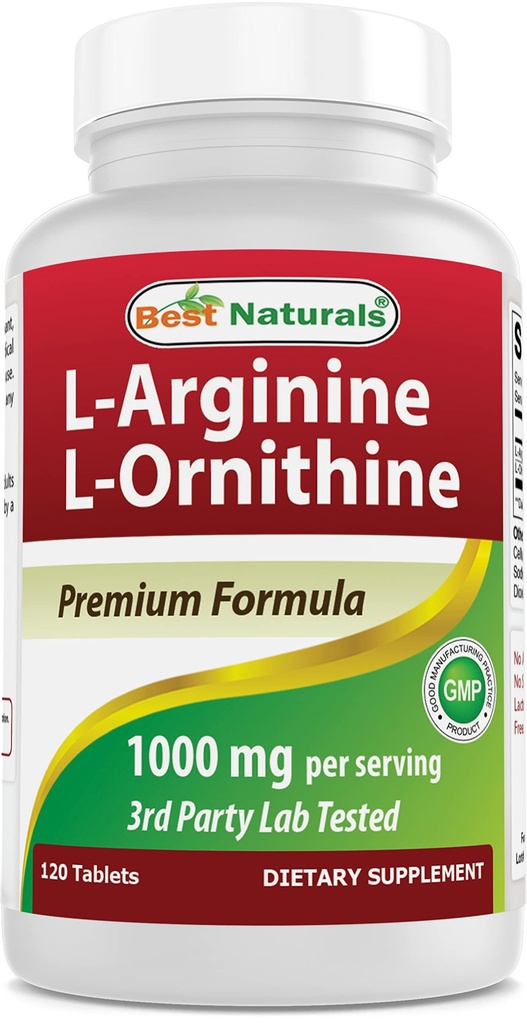 Best Naturals L-Arginina L-Ornithine - 1000mg per Serving - 120 Tablets - Non-GMO & Gluten Free (120 Count (Pack of 1))