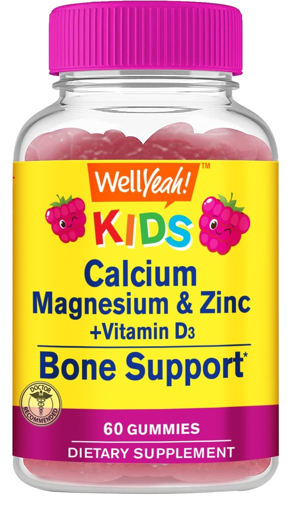 Calcium del bambino, magnesio, zinco + vitamina D3 Gummies di WellYes | Bone, muscolo e Nerve assistenza sanitaria, supporto immunitario | per gli uomini e le donne | Gluten Free, Non OGM | Raspberry Flavor | 60 Conte