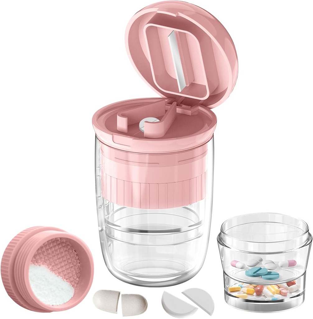 Pillola Spaccatrice con Dispenser, Pillola per Pillole Piccole o Grandi Pillole, Pillole Crush, Vitamine, Compresse, Lama in acciaio inossidabile, Coppa di Bevande rimovibile (Pink-1)
