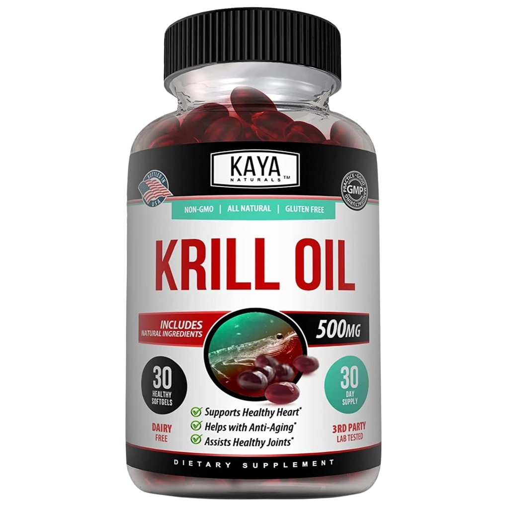 Kaya Naturals - Olio di Krill Antartico 500mg con Omega 3, EPA, DHA, Phospholipids & Astaxanthin Supplement - Cervello e Vitamina di Salute - Supplemento Antiinvecchiamento - 30 Conte Softgels