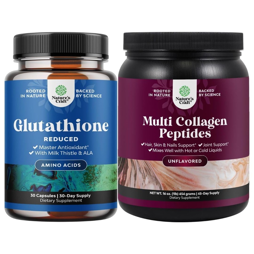 Bundle di Integratore Glutathione Ridotto con Cardo Latte - 500 mg per Serving Pure L Glutathione e Multi Collagen Protein Powder - Keto Peptides Collagen Peptidi Hair Skin & Nails Vitamis