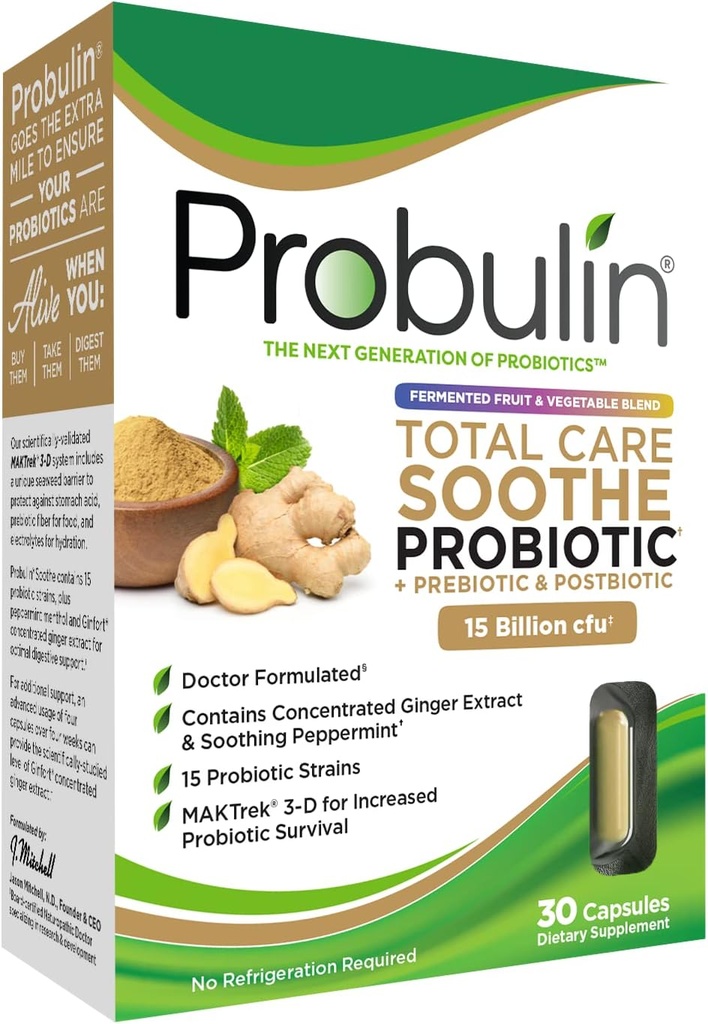 Probulin Total Care Soothe Prebiotic, Probiotico e Postbiotico + Ginger & Mint per Digestive Soothing - 15 miliardi di CFU - 15 Strains - 30 capsule vegane