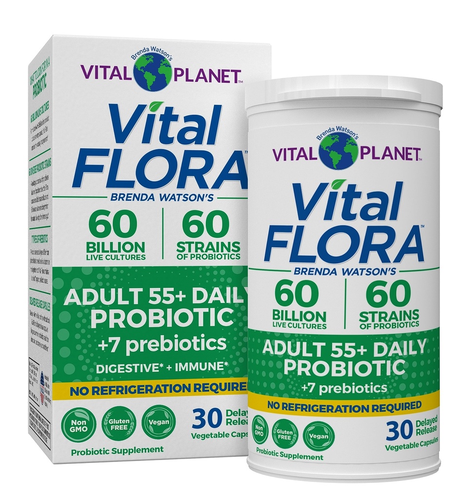 Vital Planet - Vital Flora Adulti Oltre 55 Probiotici giornalieri 60 miliardi di CFU, Diverse Strains, Prebiotici Organici, Sanità Immune e Digestiva Probiotici Stabili per Donne e Uomini, 30 Capsule