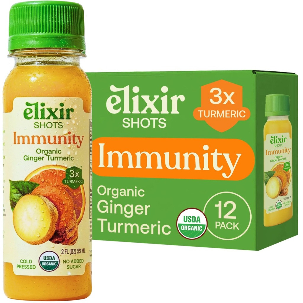 Elixir Shots, Immunity Boost Wellness Shot with Cold-Pressed Turmeric, Ginger, Orange and Black Pepper, No Aggiunto Zuccheri o ingredienti artificiali, 12-pack