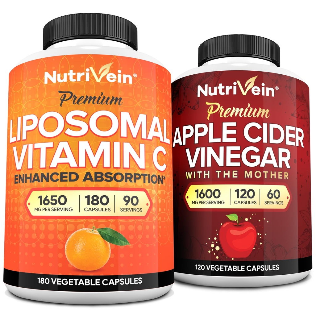 Nutrivein Premium Aceto di sidro di mele capsule & Liposomal vitamina C supplemento Bundle: capsule di vitamina C ad alto assorbimento & integratori di sidro di mele Bundle per difese immunitarie & salute del fegato