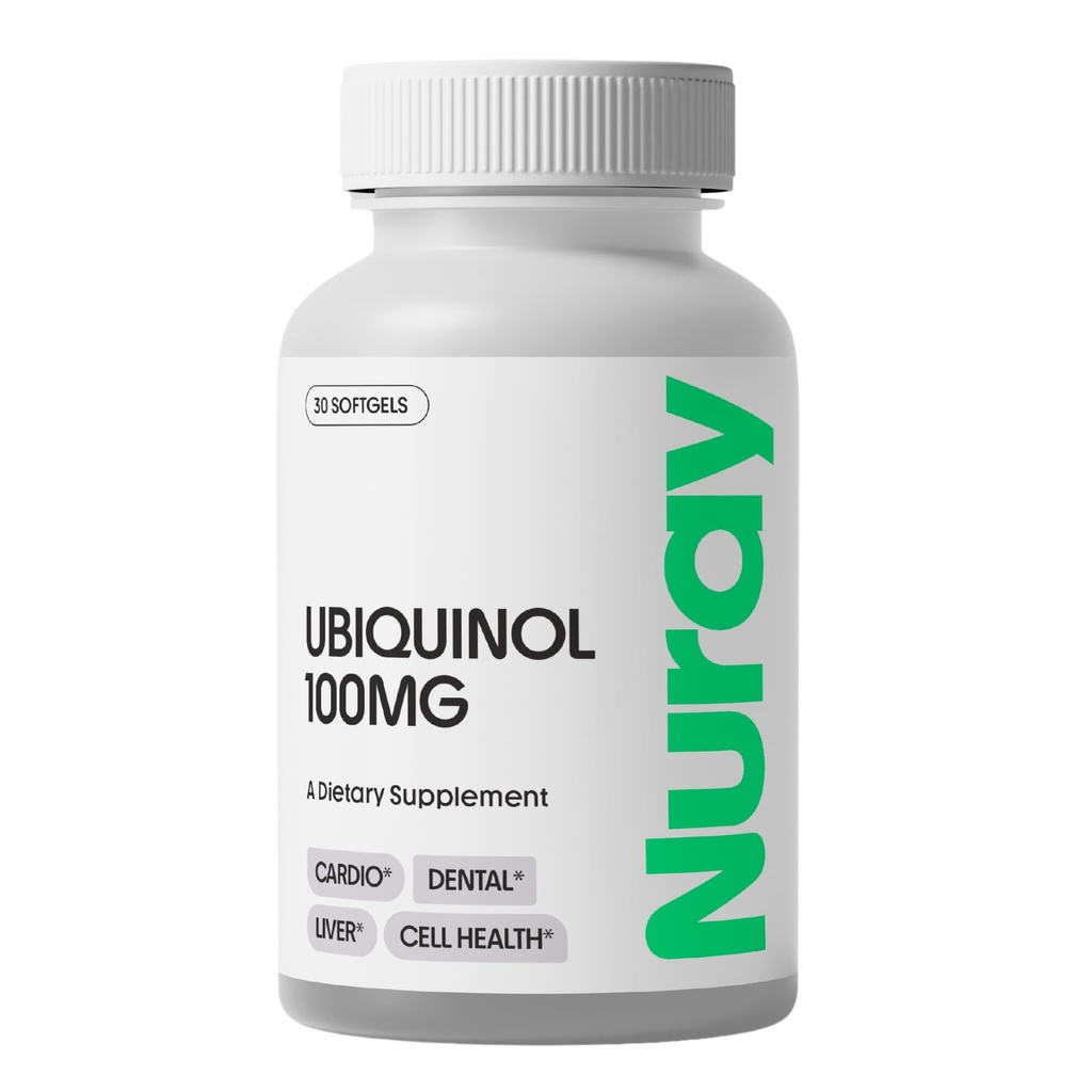 Nuray Ubiquinol 100mg Softgels, Forma attiva di CoQ10 per la salute cardiovascolare e dentale, Supporto Immune senza glutine, Migliora la salute del fegato, 30 Conte