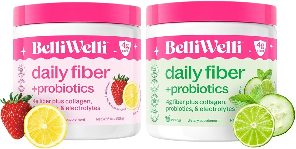 Belli Welli Daily Fiber Supplement Duo - Strawberry Lemonade & Cucumber Lime Mint - con Collagene, Probiotici & Electrolytes - Rifiuti aromi per il benessere bilanciato - 32 Total Servings