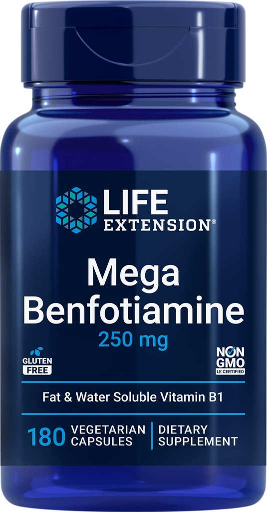 Estensione di vita Mega Benfotiamine, 250 mg, 180 tappi di Veg con Thiamine - Integratore di vitamina B1