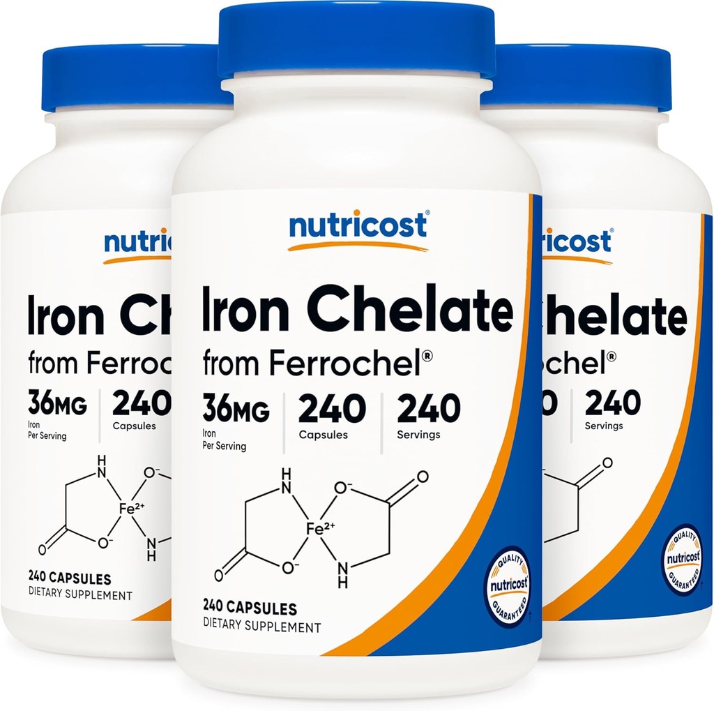 Ferro Chelato Nutricost, Come Ferrochel, 36 mg, 240 capsule (3 bottiglie)