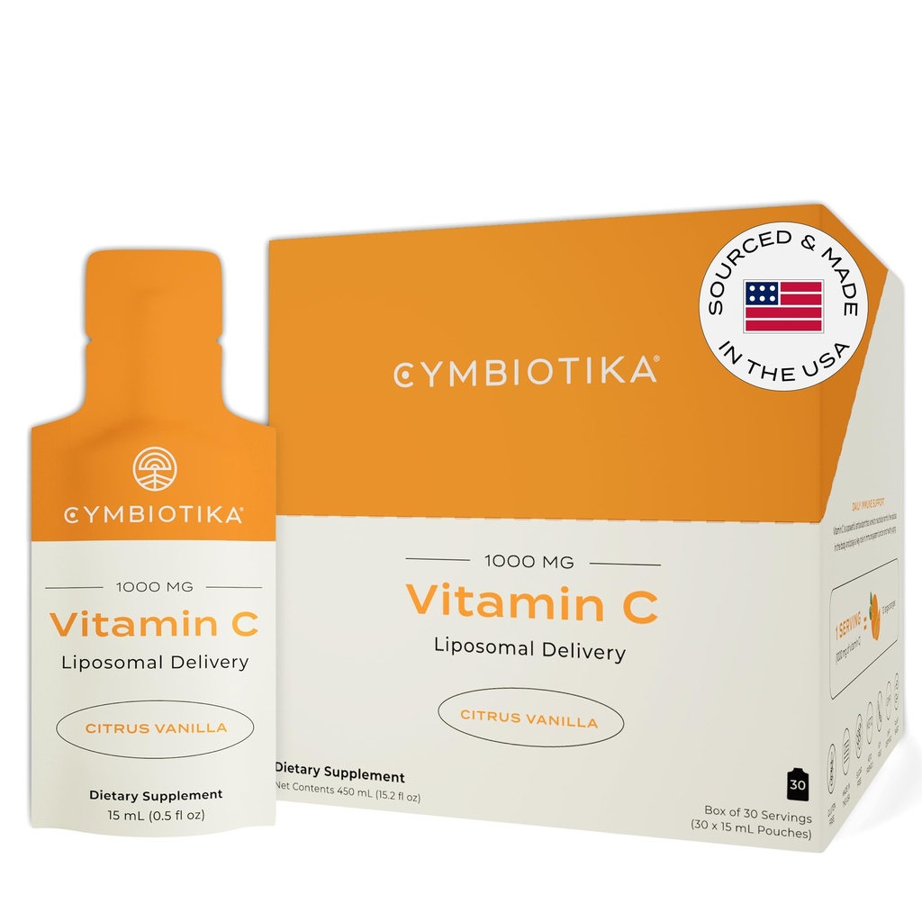 CYMBIOTIKA Vitamina C Imballaggio individuale, Consegna Liposomica, Supplemento per il supporto immunitario, Boost del collagene, & Aging sano, Imballaggi per l'idratazione della pelle, Citrus Vanilla Flavor, 30 Conte