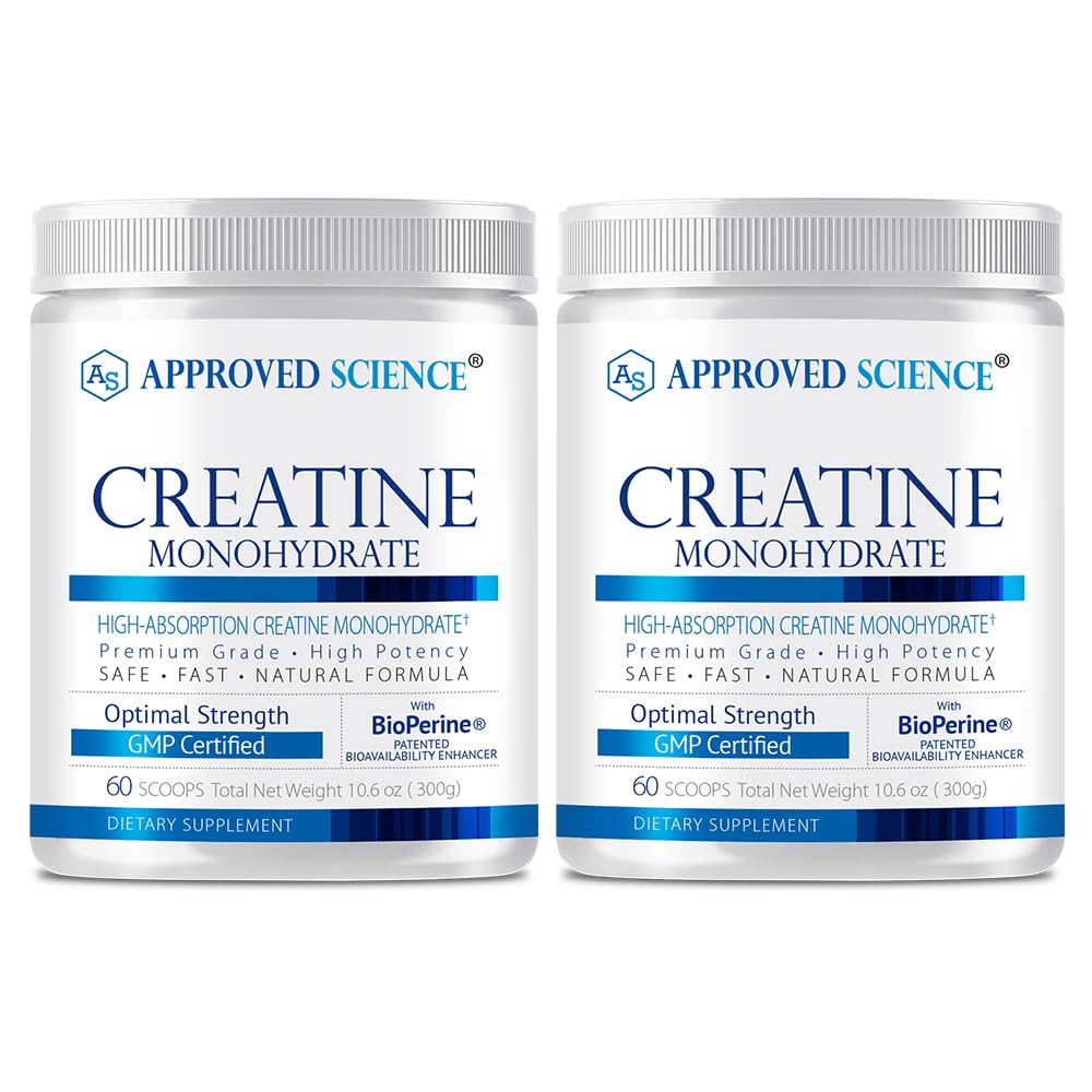 Polvere Monoidrato di Creatina di Scienza Approvato con BioPerine - Supporto Workout - 120 Serve - 5g Per Serve - Non aromatizzato - Confezione da 2 - Non OGM, Vegan