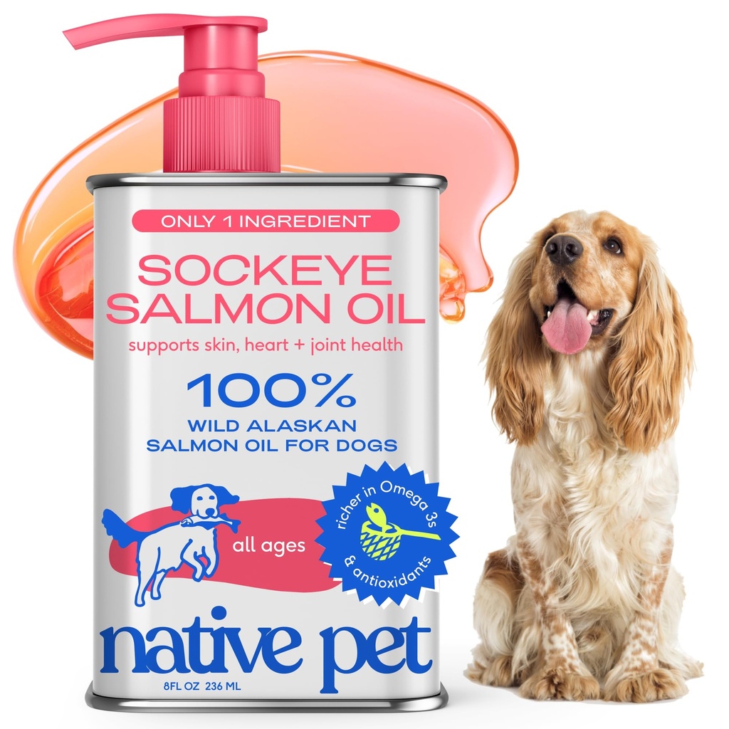 Olio di salmone di animali domestici nativi per cani e gatti – Olio di pesce puro Omega-3 per cani supplemento per pelle e cappotto, Joint & Heart Health - Cane Anti-infiammatorio – 100% Wild-Caught Alaskan Sockeye Salmon – 8 oz