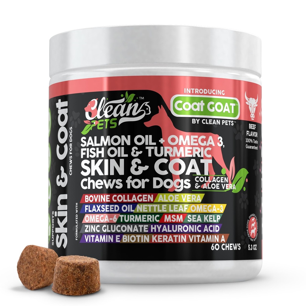 Olio di salmone Omega 3 Fish Oil per cani Pelle e cappotto Supplemento | Collage del cane Aloe Vera Biotin Keratin Flaxseed Nettle Leaf Sea Kelp Hyaluronic Acid Brewers lievito vitamina A - Cappotto Goat