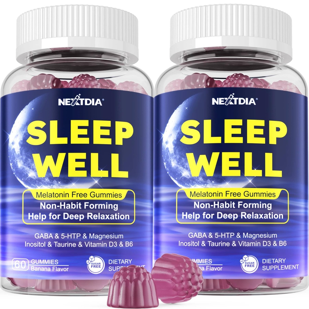 Melatonina Gommie Dormire Gratuite con Magnesio Glycinate, GABA, 5-HTP, L-teanina, Valerian, Camomilla, Limone Balm, Vitamina D3 & B6 - Ormone & Drug- Free, Non-Habit Forming, 2 Pack