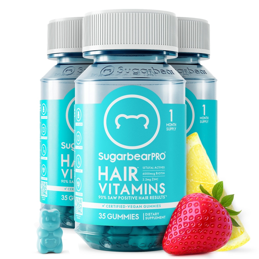 ZuccheroBearPro Capelli Vitamina Gummy 3 mesi Alimentazione Extra Forza Biotina 6000mcg, Crescita per Uomini & Donne, Vitamina Vegana B12, MSM, Inositolo, Omega 3, Elderberry, Kosher certificato, Halal, Cruelty-Free