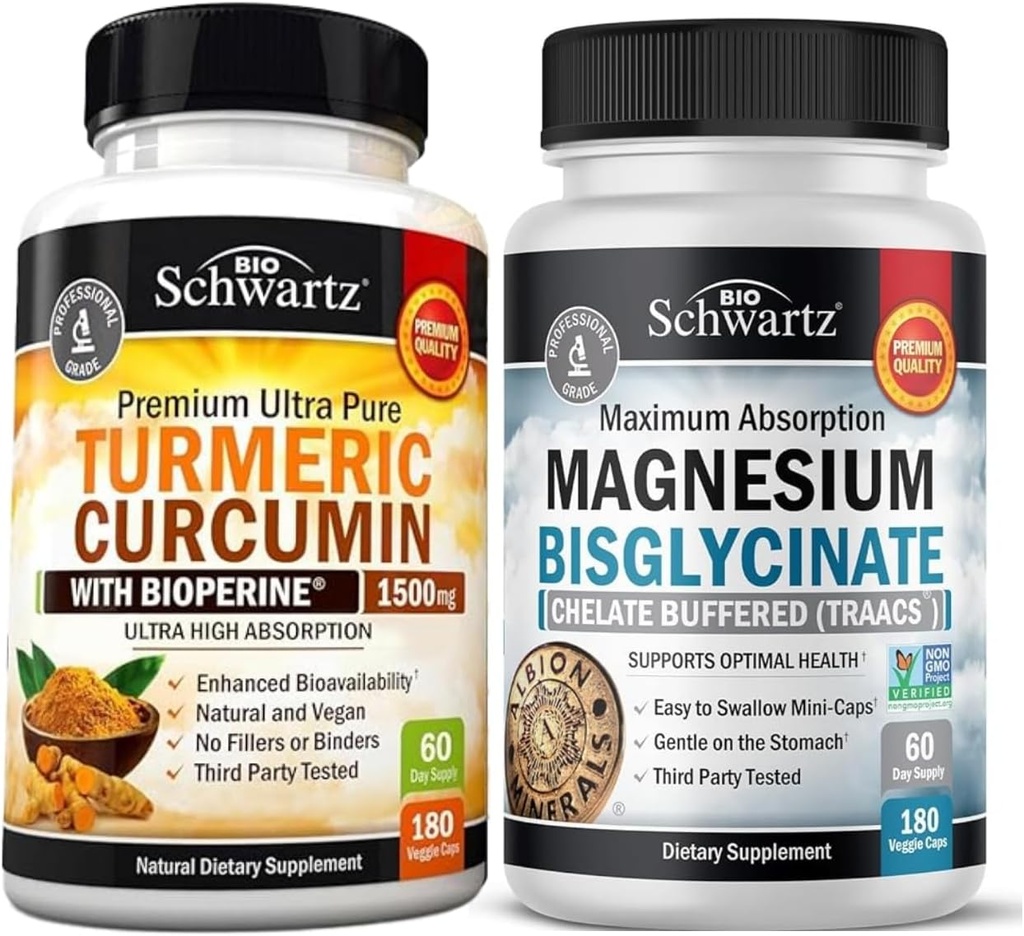 Curcumina erboristica con estratto di pepe nero 1500mg Complesso (1 mese di fornitura) Plus ad alto assorbimento Magnesio Bisglycinate capsule (2 mesi di alimentazione)