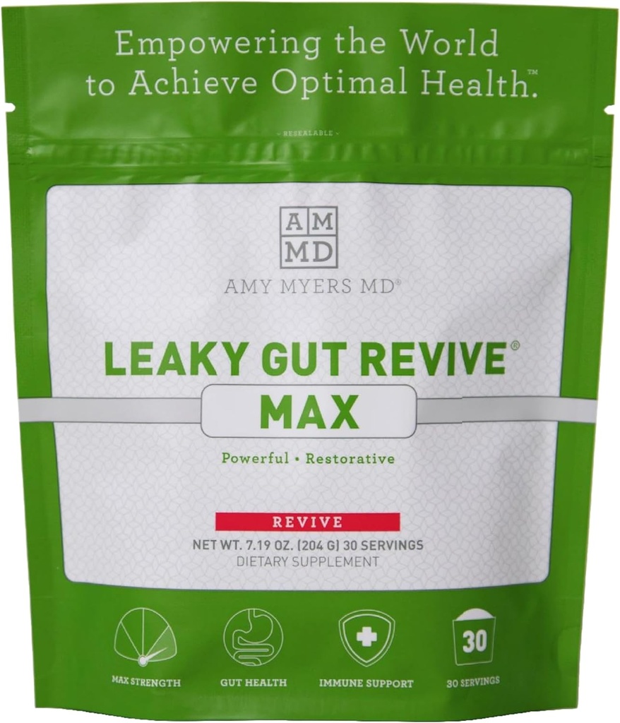 Amy Myers MD Leaky Gut Revive MAX Polvere per leaky Gut Riparazione “ Potente polvere di L-Glutamina per sostenere la costipazione, IBS, Diarrea, Bloating, Gas, SIBO “ Integratore basato sulle piante per la salute del fegato, 1 mese