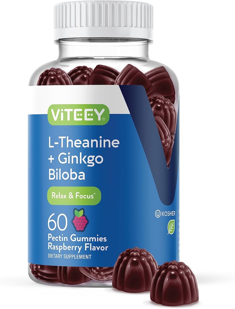 Viteey L-Theanine Gummies con Ginkgo Biloba per Adulti - Aids in Focus & Relax, Migliorare Mood - Non OGM, Gelatin Free, Vegan, Gluten Free, Naturally Sourced Chewable Tasty Raspberry Gomma aromatizzata